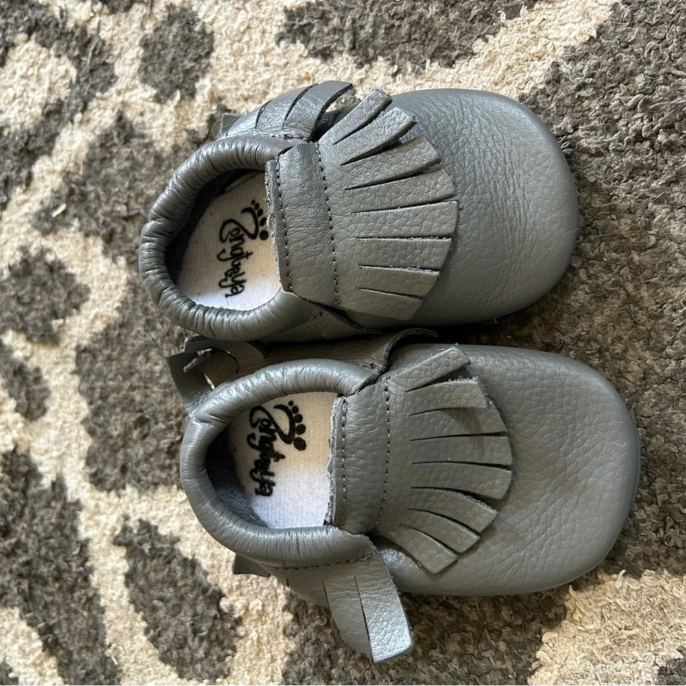 Gray Leather Kids Moccasins